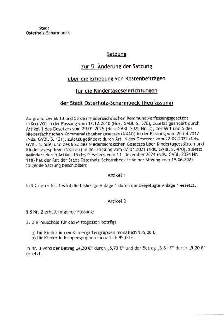 Vorschaubild für Anlage 5: Satzung Stadt Osterholz-Scharmbeck, 5. Änderungssatzung